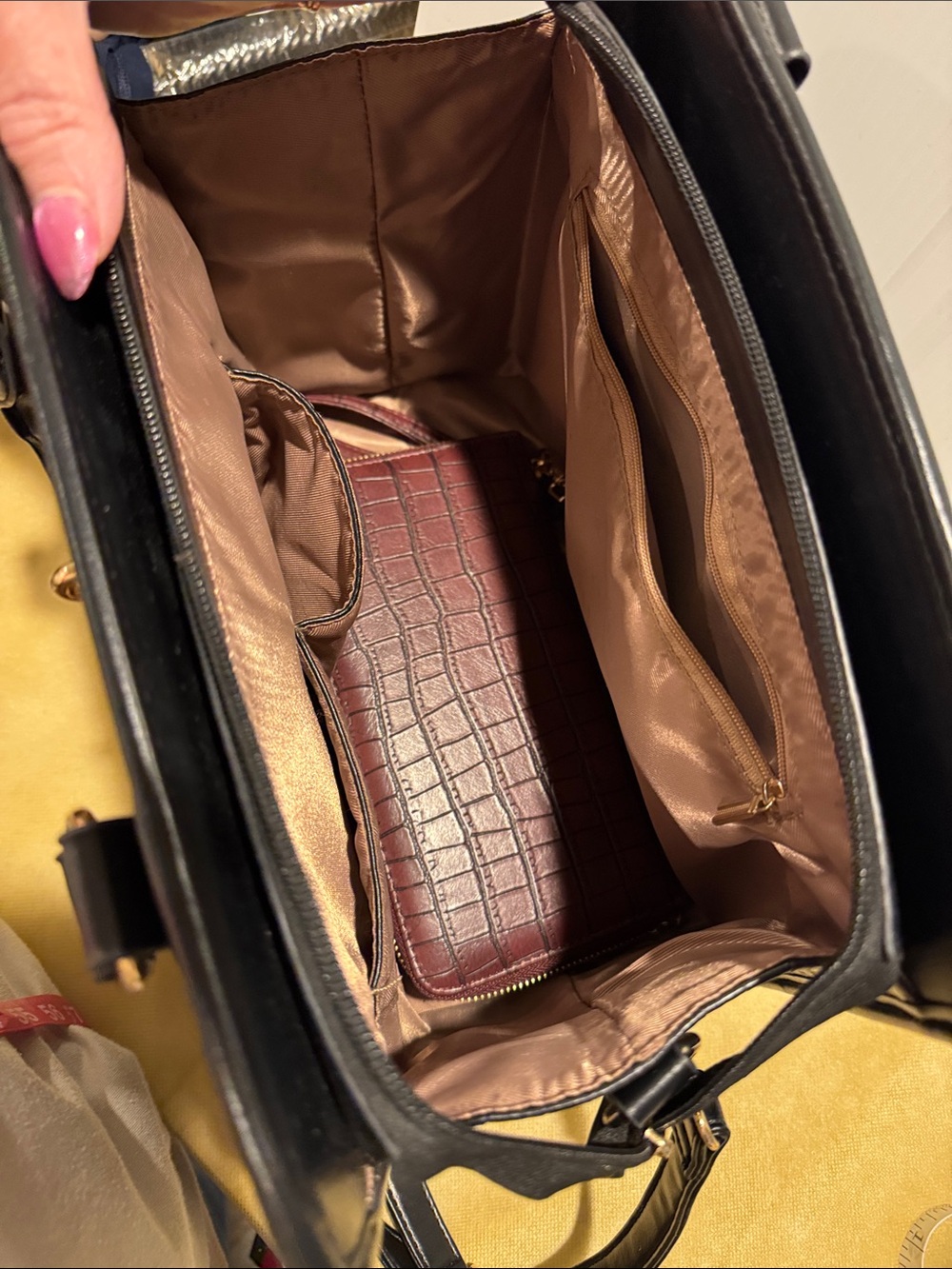 Croc-Embossed Black and Burgundy Satchel with Gold Accent Matching Billfold - Picture 2 of 14